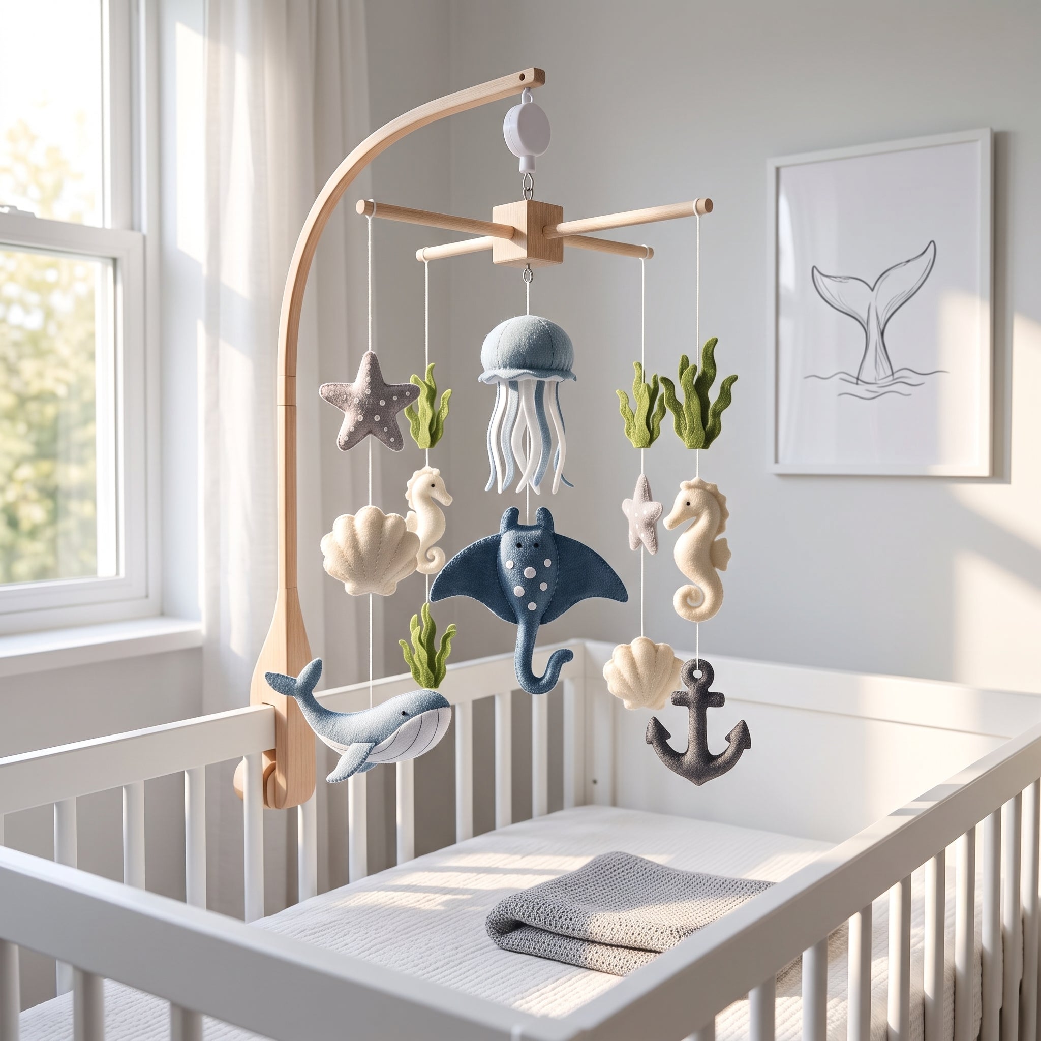 Felt Ocean Baby Mobile, Manta Ray Whale Seahorse Crib Decor, Under the Sea Nursery Hanging, Nautical Baby Shower Gift for Boy or Girl