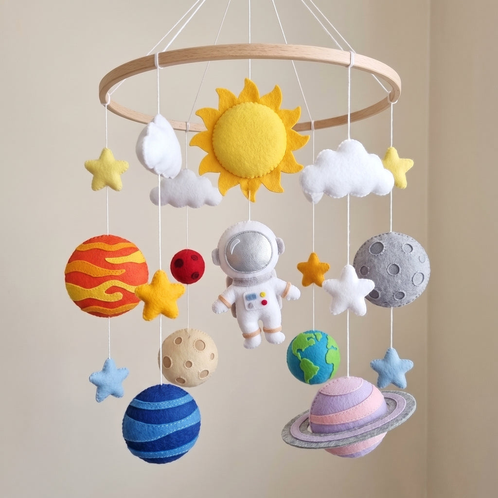 Felt Astronaut Baby Mobile, Solar System Planet Crib Decor, Space Nursery Hanging, Handmade Baby Shower Gift for Boy or Girl Room Decor