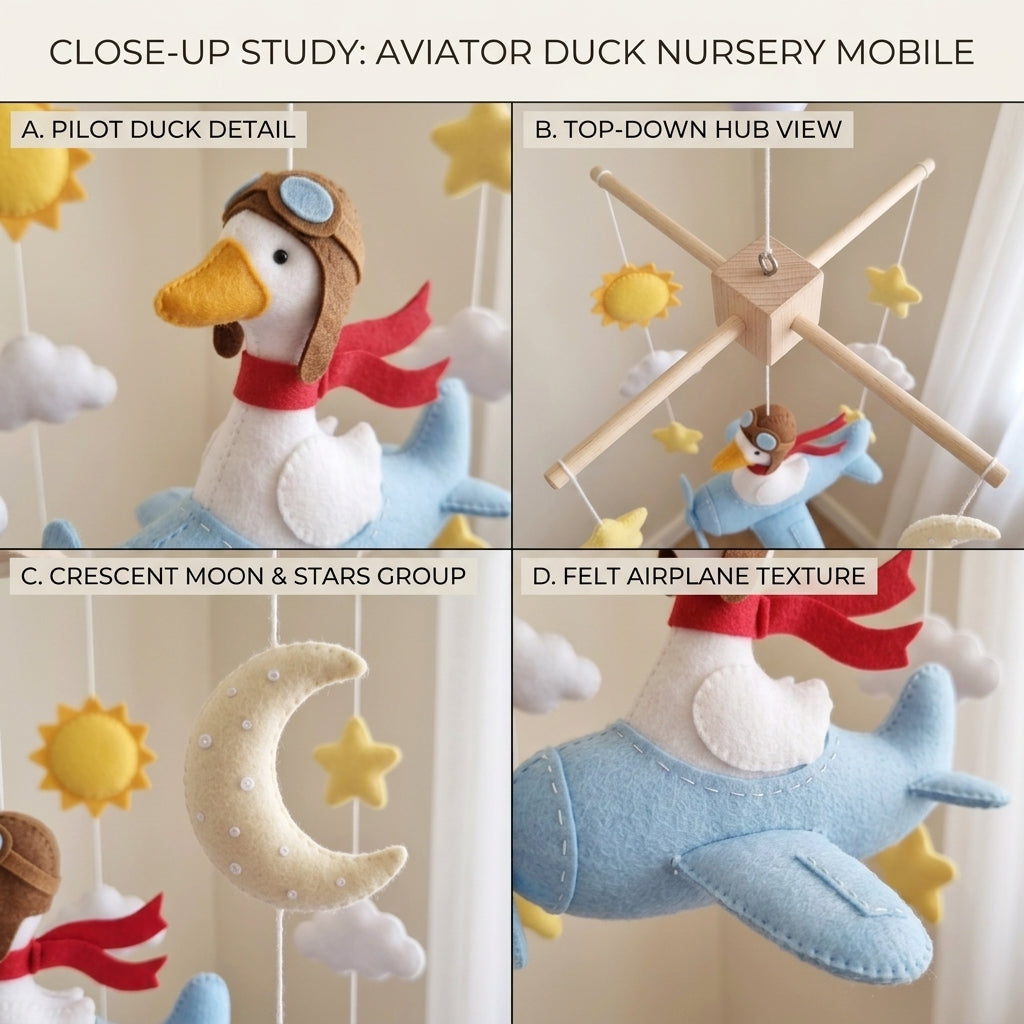 Silly Goose Aviator Felt Baby Mobile, Handmade Airplane Crib Hanging with Moon, Sun, Clouds and Stars