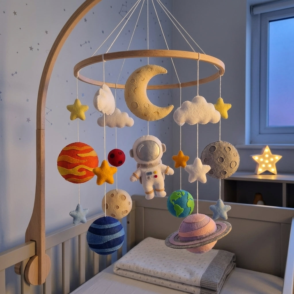 Felt Astronaut Baby Mobile, Solar System Planet Crib Decor, Space Nursery Hanging, Handmade Baby Shower Gift for Boy or Girl Room Decor
