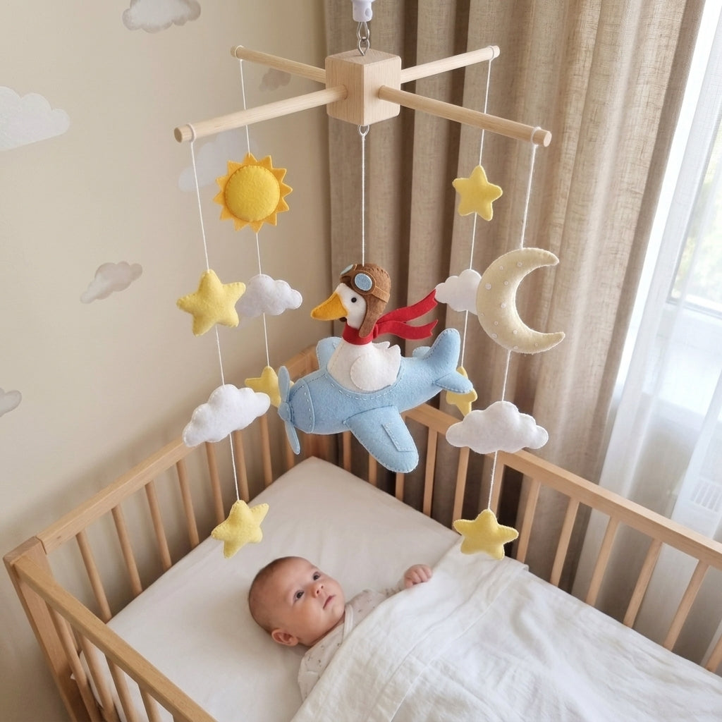 Silly Goose Aviator Felt Baby Mobile, Handmade Airplane Crib Hanging with Moon, Sun, Clouds and Stars