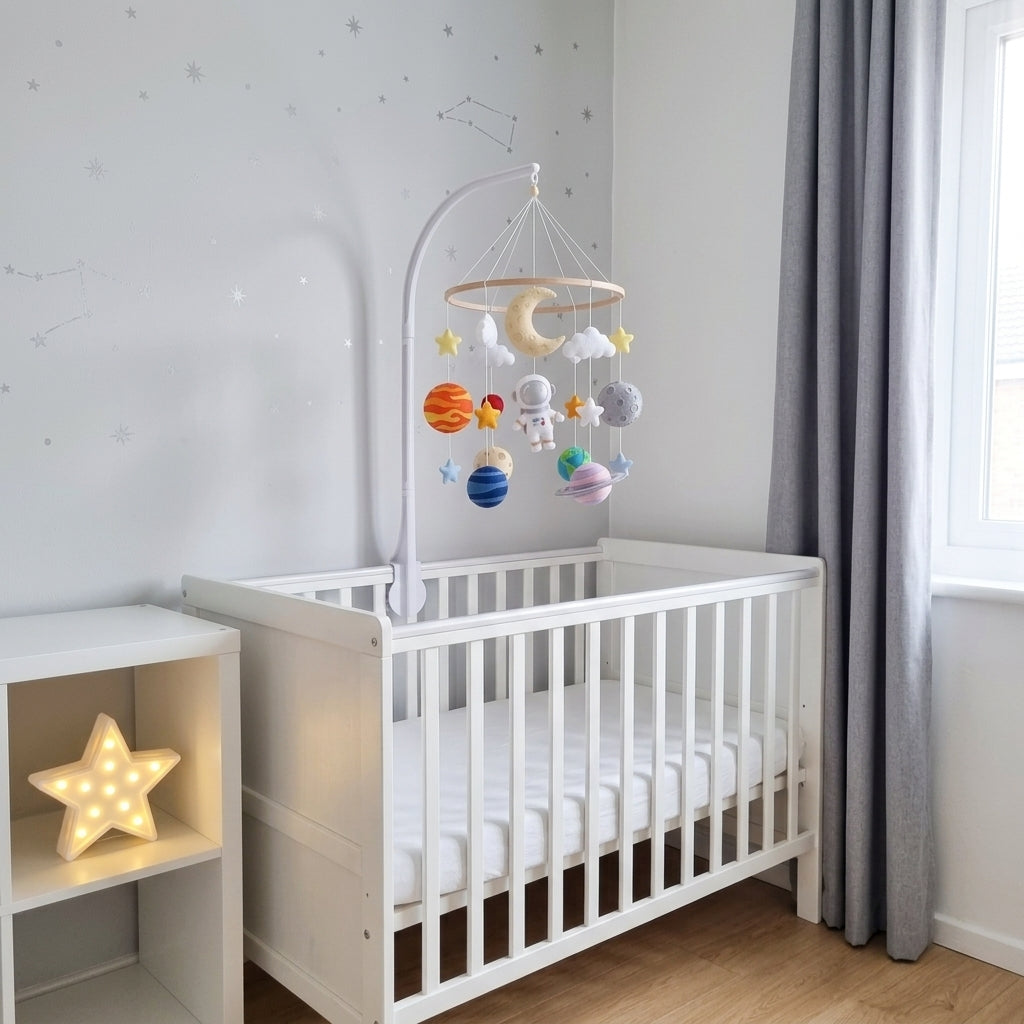 Felt Astronaut Baby Mobile, Solar System Planet Crib Decor, Space Nursery Hanging, Handmade Baby Shower Gift for Boy or Girl Room Decor