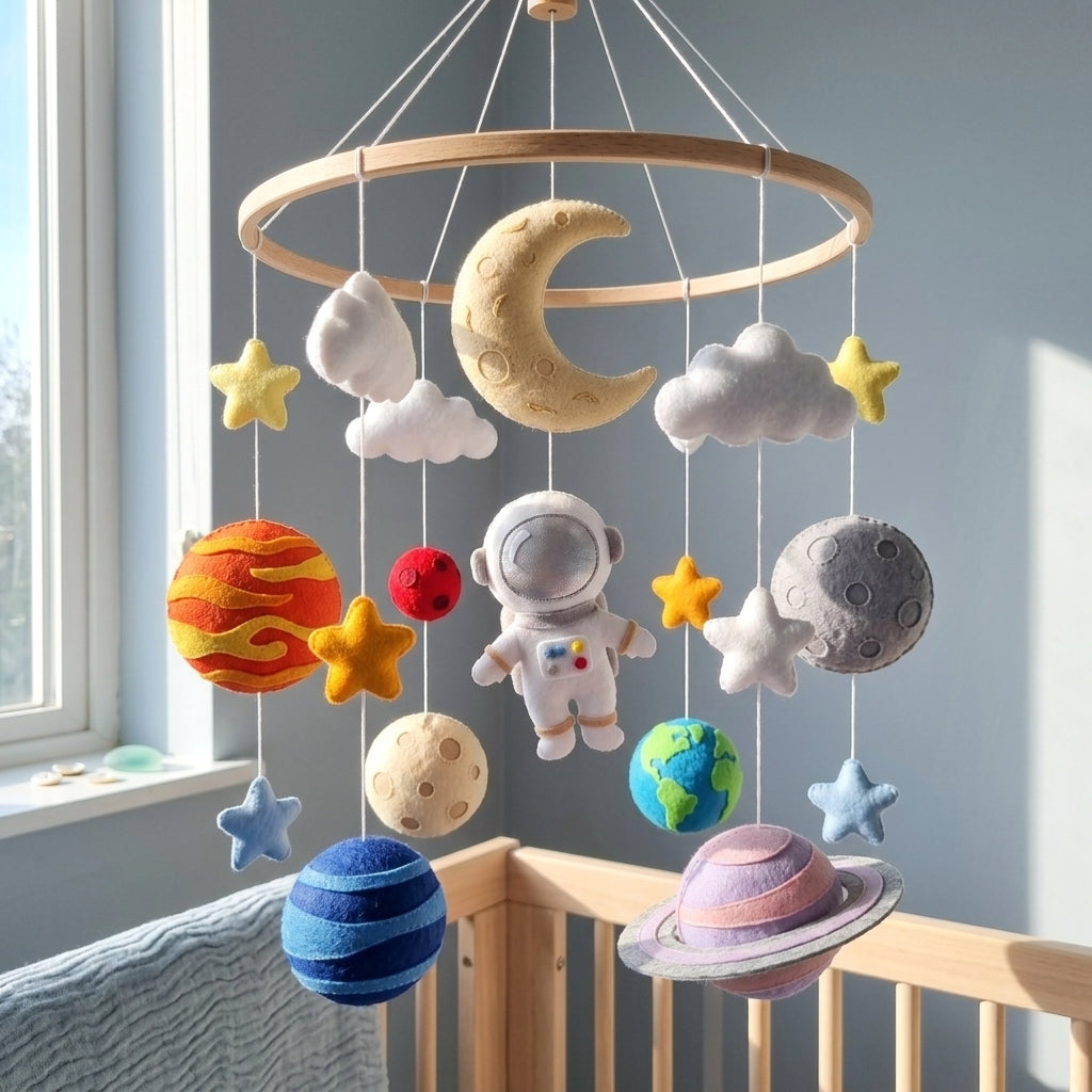 Felt Astronaut Baby Mobile, Solar System Planet Crib Decor, Space Nursery Hanging, Handmade Baby Shower Gift for Boy or Girl Room Decor