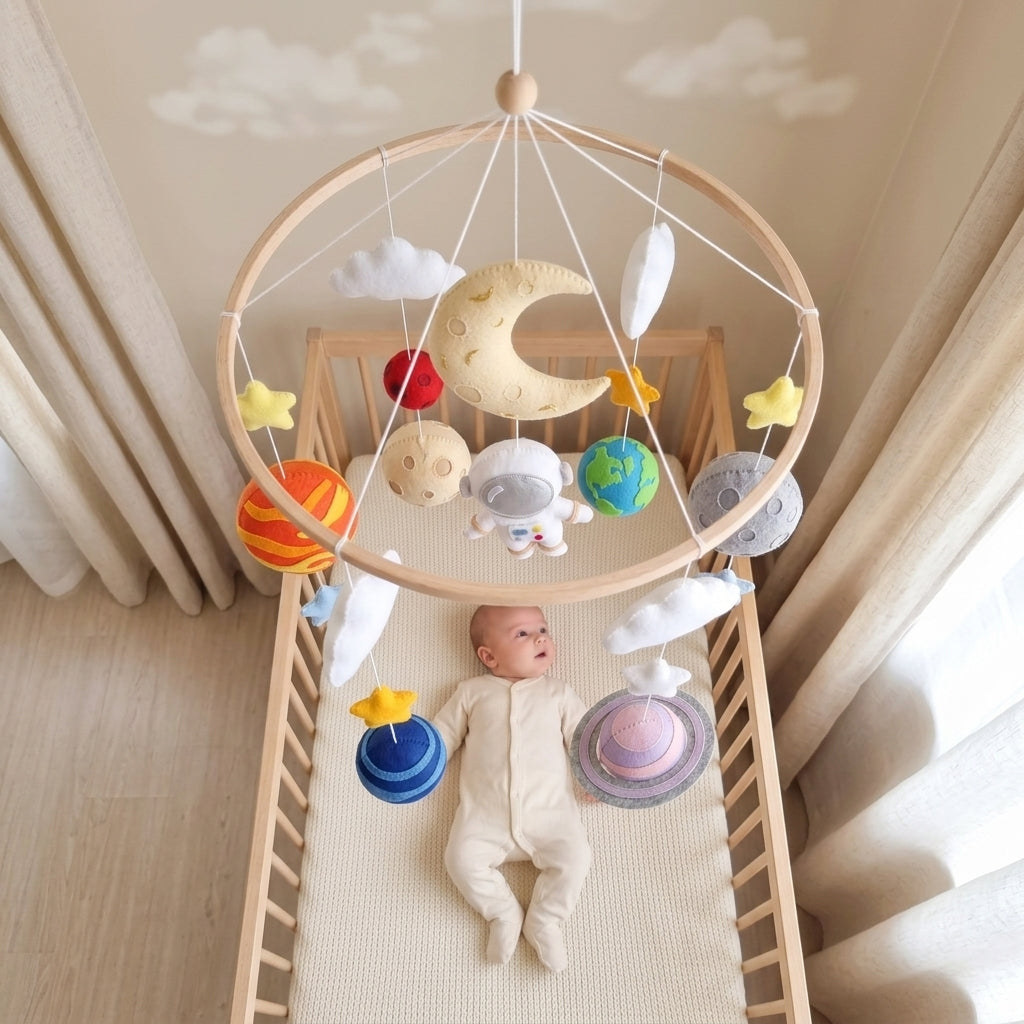 Felt Astronaut Baby Mobile, Solar System Planet Crib Decor, Space Nursery Hanging, Handmade Baby Shower Gift for Boy or Girl Room Decor