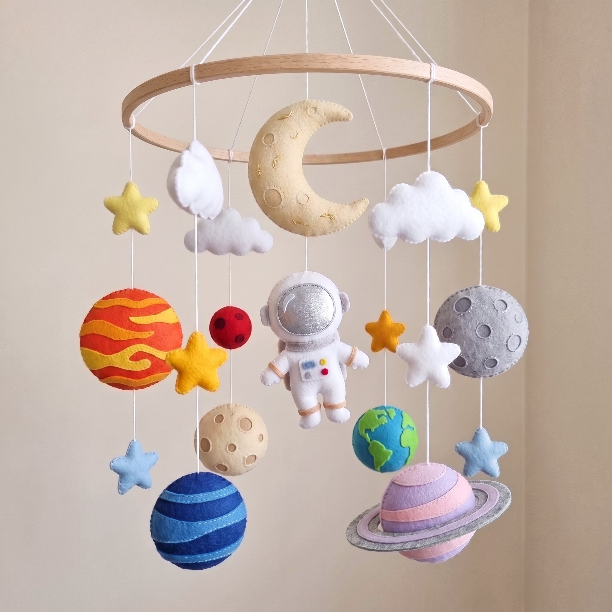 Felt Astronaut Baby Mobile, Solar System Planet Crib Decor, Space Nursery Hanging, Handmade Baby Shower Gift for Boy or Girl Room Decor
