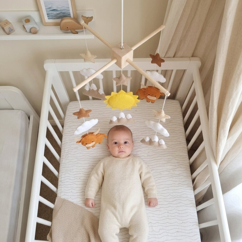 Highland Cow Felt Baby Mobile, Handmade Mountain Crib Hanging with Sun, Clouds and Stars, Rustic Nursery Decor