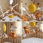 Highland Cow Felt Baby Mobile, Handmade Mountain Crib Hanging with Sun, Clouds and Stars, Rustic Nursery Decor