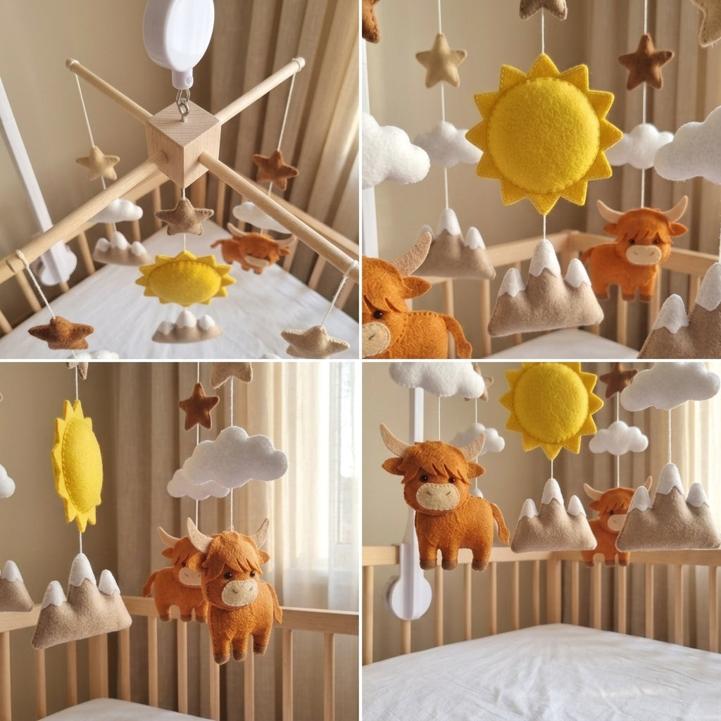Highland Cow Felt Baby Mobile, Handmade Mountain Crib Hanging with Sun, Clouds and Stars, Rustic Nursery Decor