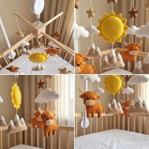 A four-panel collage showing a wooden baby crib mobile with felt safari-themed hanging toys, including a yellow sun, white clouds, brown stars, mountains, and orange-brown animals.