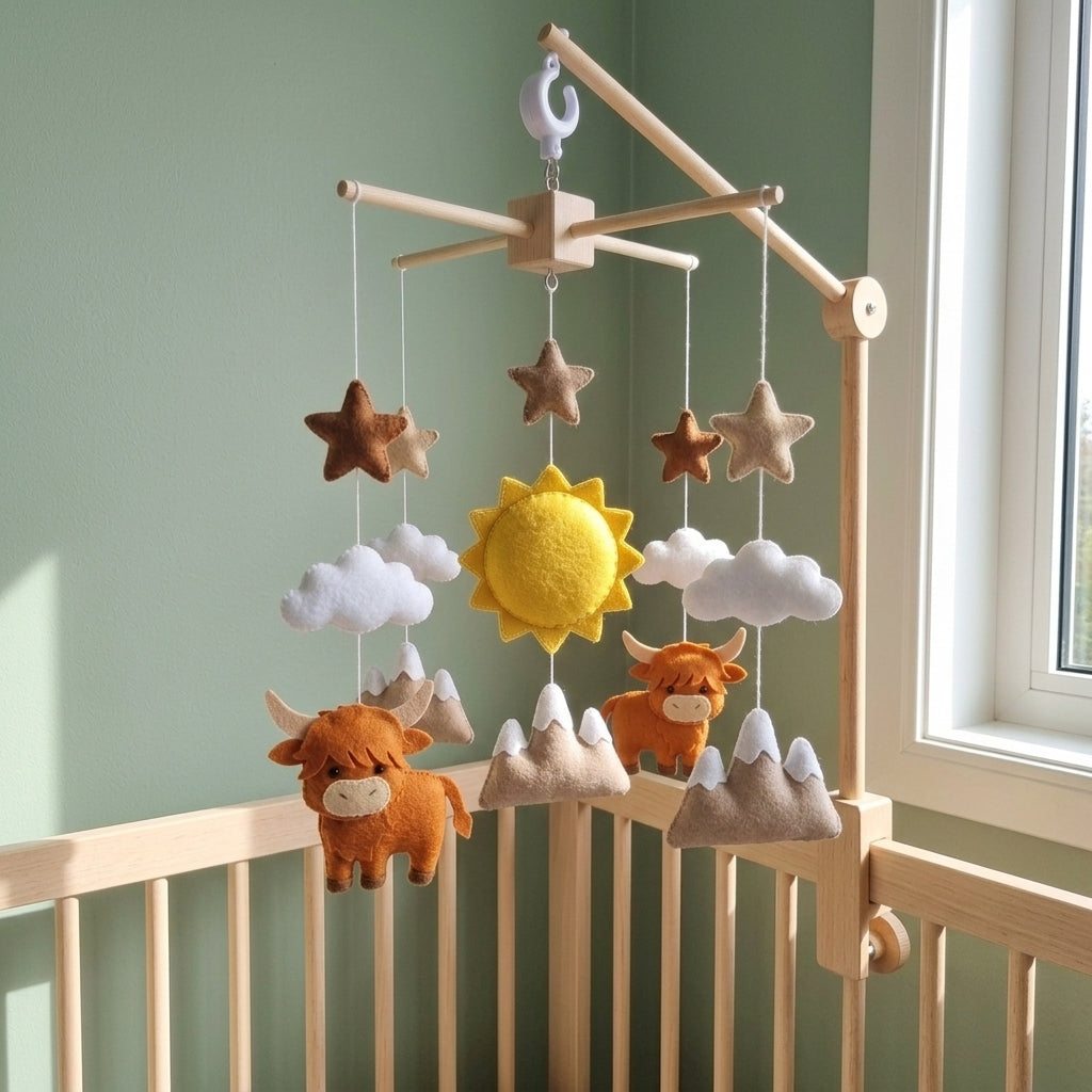 Highland Cow Felt Baby Mobile, Handmade Mountain Crib Hanging with Sun, Clouds and Stars, Rustic Nursery Decor