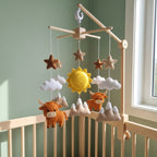 Highland Cow Felt Baby Mobile, Handmade Mountain Crib Hanging with Sun, Clouds and Stars, Rustic Nursery Decor