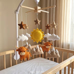 Highland Cow Felt Baby Mobile, Handmade Mountain Crib Hanging with Sun, Clouds and Stars, Rustic Nursery Decor