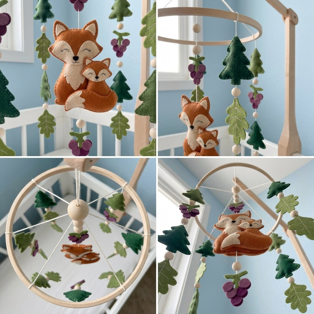 Fox Family Forest Felt Baby Mobile, Handmade Nursery Crib Hanging with Pine Trees, Oak Leaves and Berries