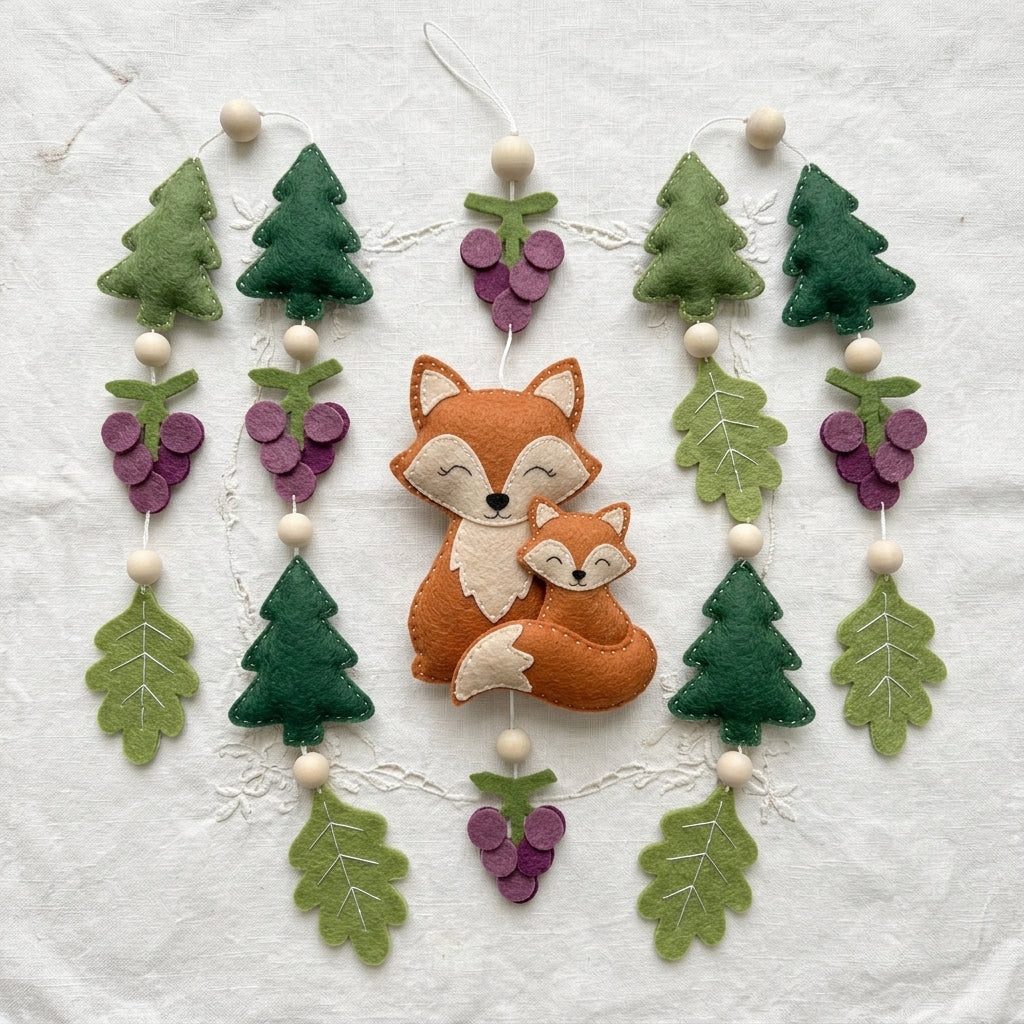 Fox Family Forest Felt Baby Mobile, Handmade Nursery Crib Hanging with Pine Trees, Oak Leaves and Berries