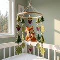 Fox Family Forest Felt Baby Mobile, Handmade Nursery Crib Hanging with Pine Trees, Oak Leaves and Berries