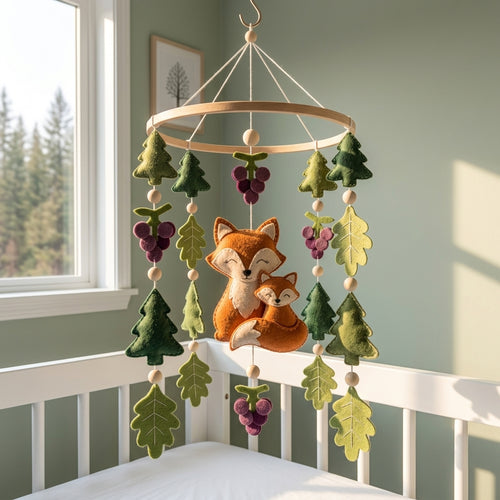 A wooden baby crib mobile with a felt forest design, featuring two orange foxes, green trees and leaves, and purple grapes, hanging in a softly lit nursery.