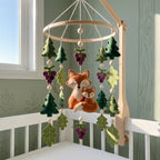 Fox Family Forest Felt Baby Mobile, Handmade Nursery Crib Hanging with Pine Trees, Oak Leaves and Berries
