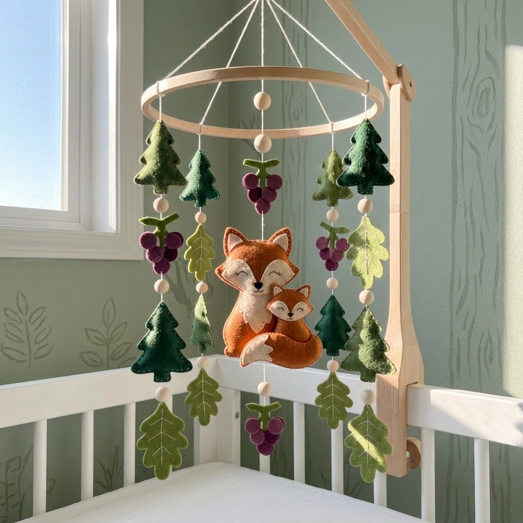 Fox Family Forest Felt Baby Mobile, Handmade Nursery Crib Hanging with Pine Trees, Oak Leaves and Berries