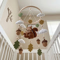 Mother and Baby Squirrel Felt Nursery Mobile, Handmade Acorn Crib Hanging with Oak Leaves and Clouds