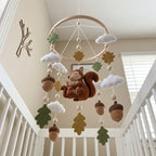 Mother and Baby Squirrel Felt Nursery Mobile, Handmade Acorn Crib Hanging with Oak Leaves and Clouds