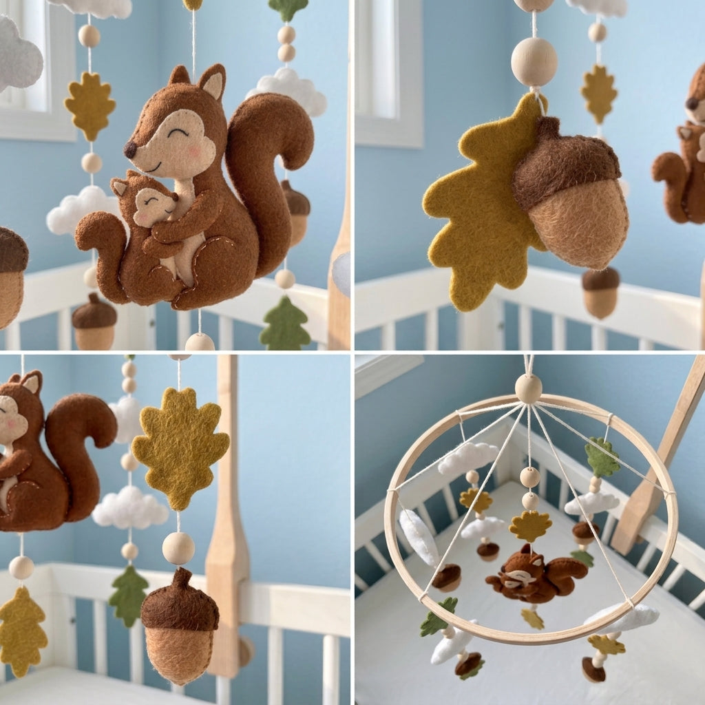 Mother and Baby Squirrel Felt Nursery Mobile, Handmade Acorn Crib Hanging with Oak Leaves and Clouds