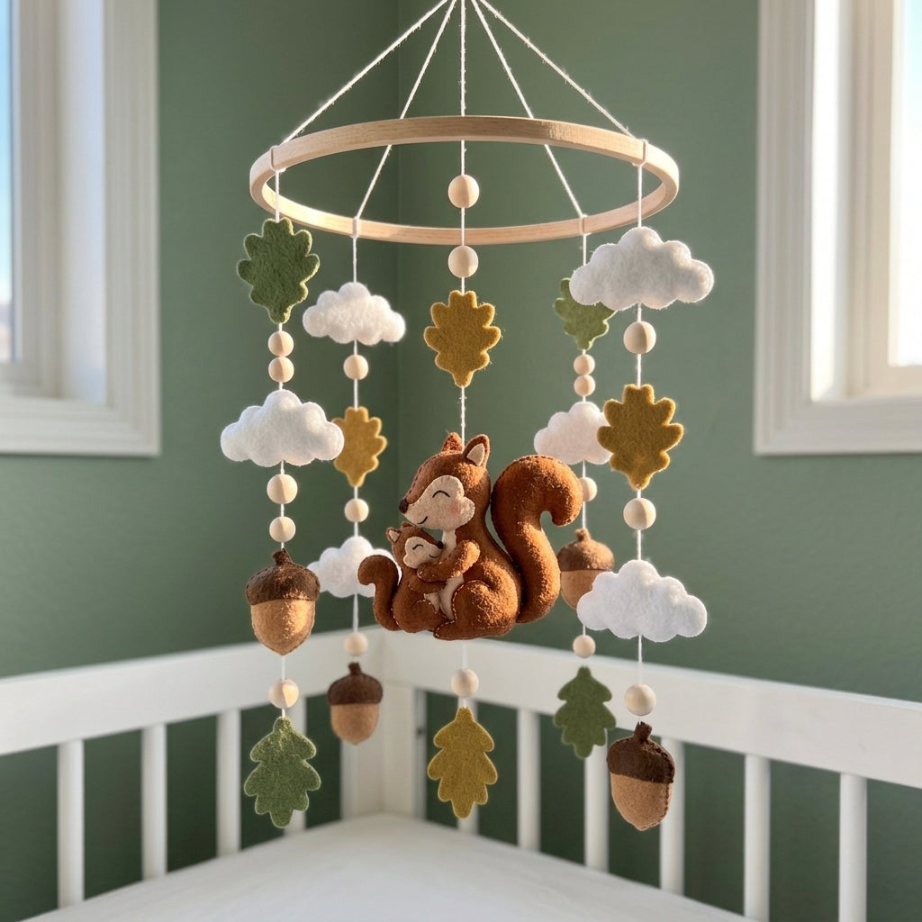 Mother and Baby Squirrel Felt Nursery Mobile, Handmade Acorn Crib Hanging with Oak Leaves and Clouds