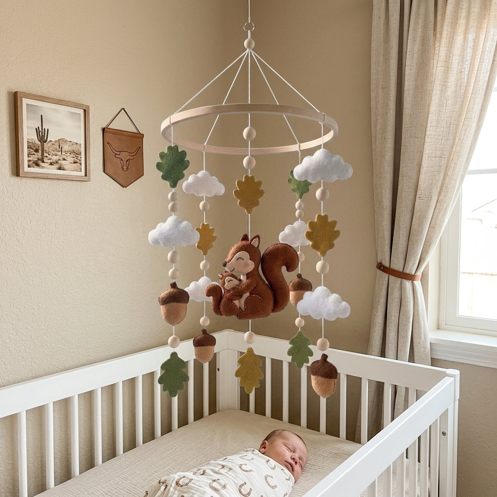 Mother and Baby Squirrel Felt Nursery Mobile, Handmade Acorn Crib Hanging with Oak Leaves and Clouds