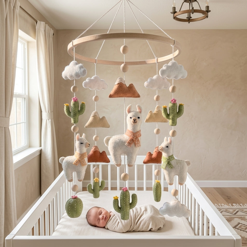 Desert Llama Felt Nursery Mobile, Handmade Cactus Crib Hanging with Mountains, Clouds and Boho Details