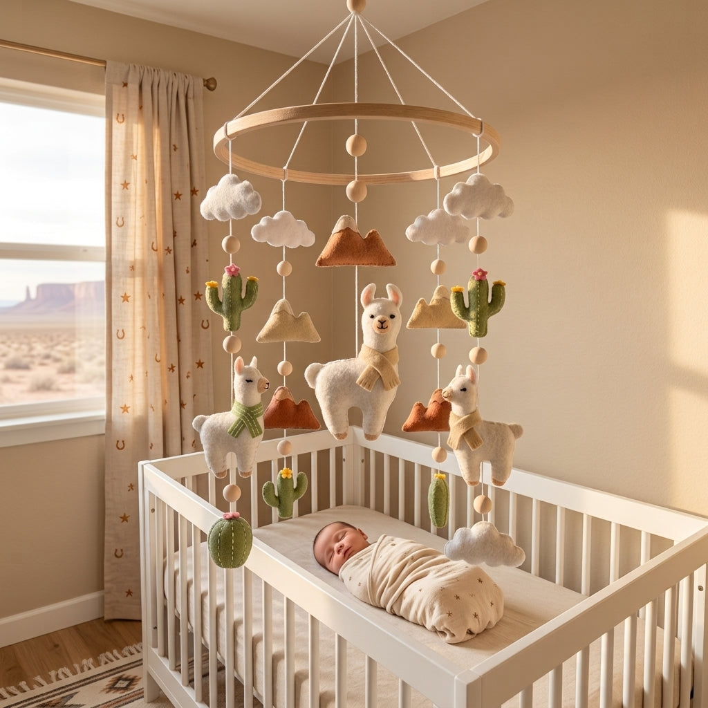 Desert Llama Felt Nursery Mobile, Handmade Cactus Crib Hanging with Mountains, Clouds and Boho Details