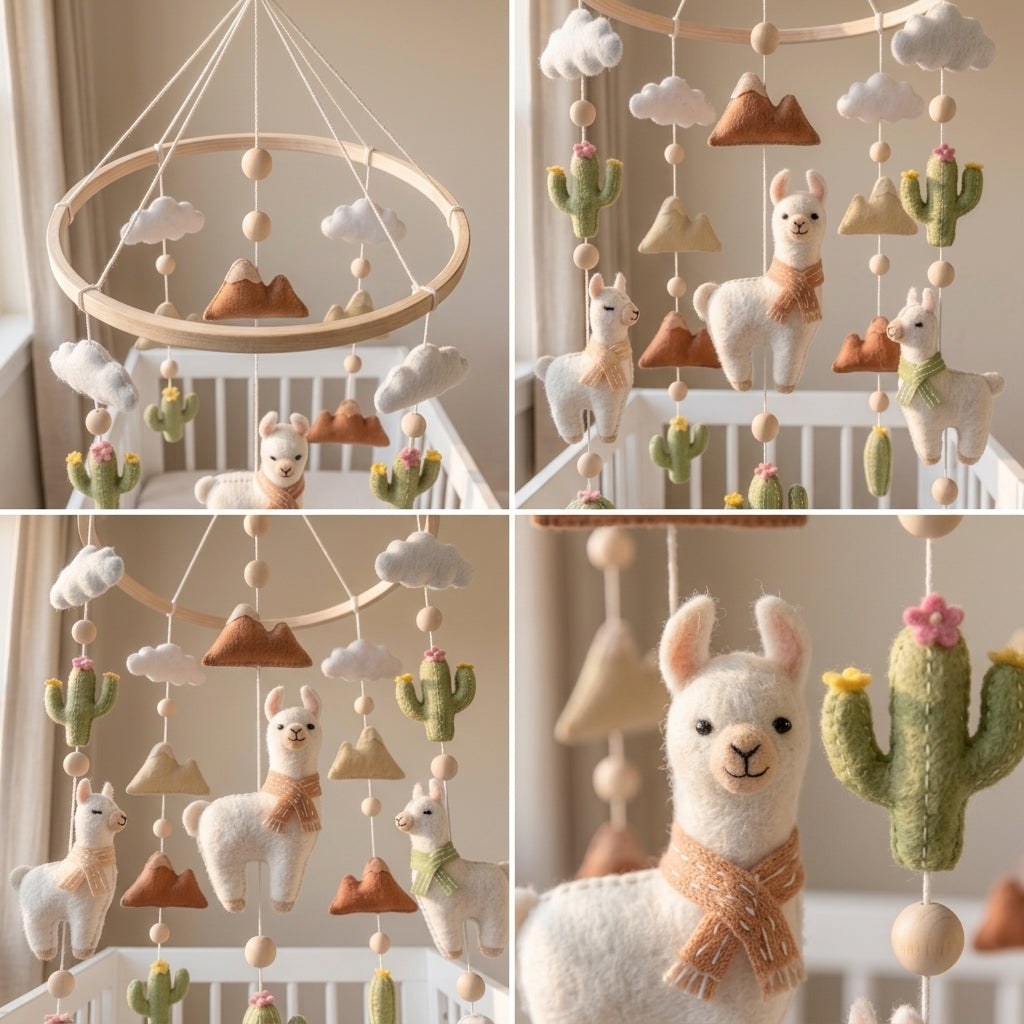 Desert Llama Felt Nursery Mobile, Handmade Cactus Crib Hanging with Mountains, Clouds and Boho Details