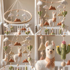 Desert Llama Felt Nursery Mobile, Handmade Cactus Crib Hanging with Mountains, Clouds and Boho Details