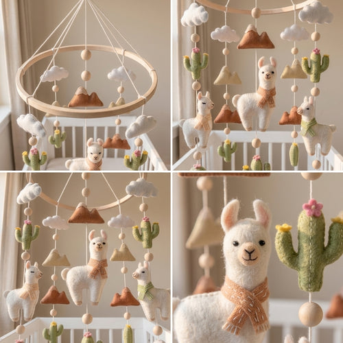 A four-panel collage showing a baby crib mobile withalpaca figures, cactus ornaments, wooden beads, and cloud shapes hanging in a nursery setting.