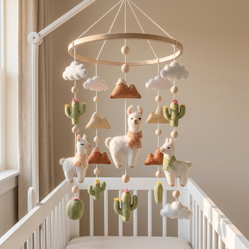 Desert Llama Felt Nursery Mobile, Handmade Cactus Crib Hanging with Mountains, Clouds and Boho Details