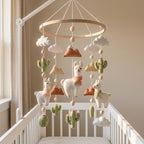 Desert Llama Felt Nursery Mobile, Handmade Cactus Crib Hanging with Mountains, Clouds and Boho Details