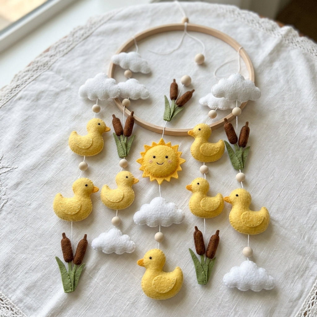 Sunny Duck Pond Felt Baby Mobile, Handmade Nursery Crib Hanging with Ducklings, Cattails, Clouds and Sun
