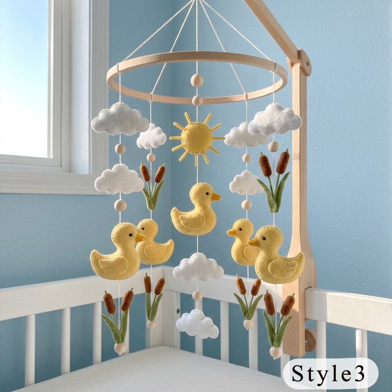 Sunny Duck Pond Felt Baby Mobile, Handmade Nursery Crib Hanging with Ducklings, Cattails, Clouds and Sun