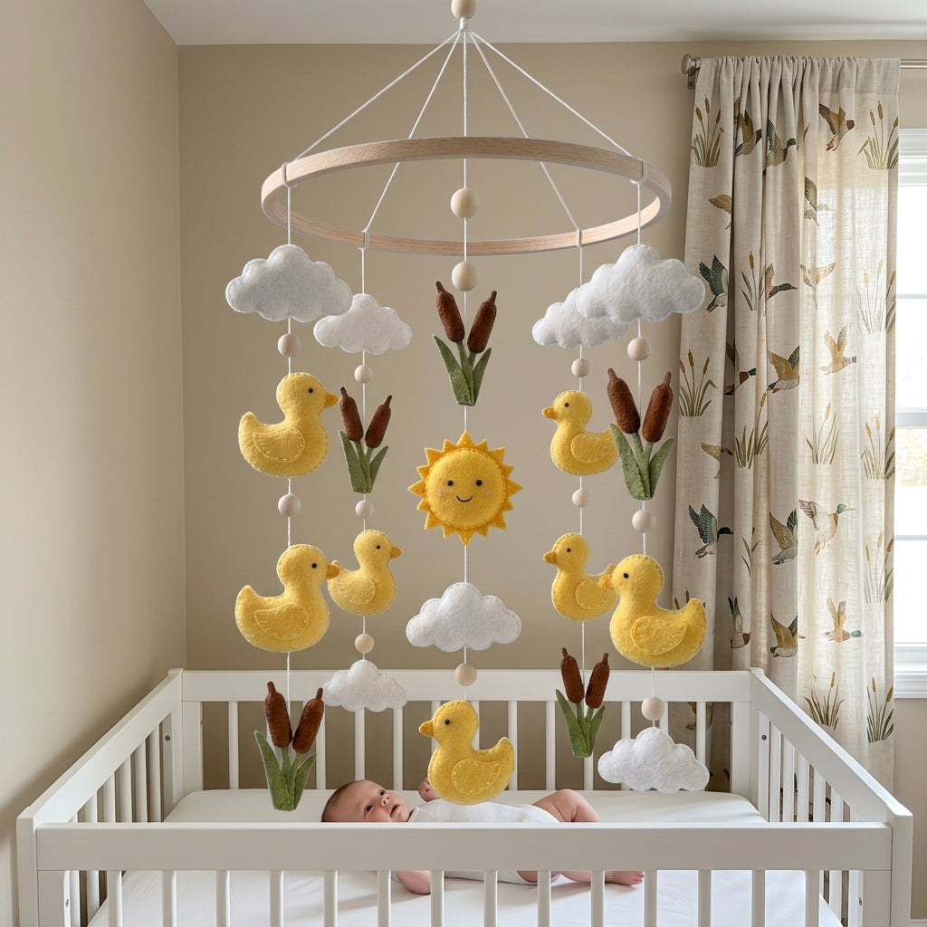 Sunny Duck Pond Felt Baby Mobile, Handmade Nursery Crib Hanging with Ducklings, Cattails, Clouds and Sun