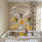 Sunny Duck Pond Felt Baby Mobile, Handmade Nursery Crib Hanging with Ducklings, Cattails, Clouds and Sun