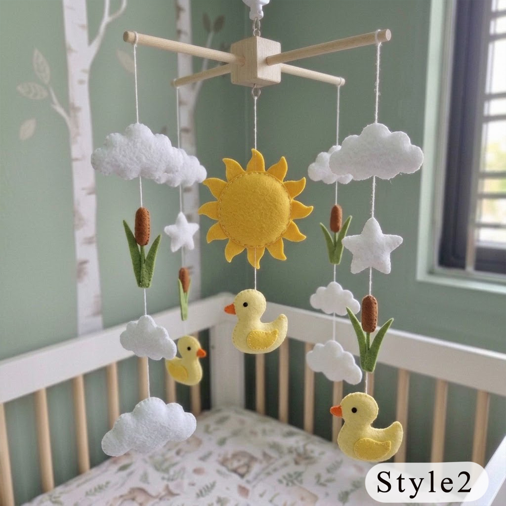 Sunny Duck Pond Felt Baby Mobile, Handmade Nursery Crib Hanging with Ducklings, Cattails, Clouds and Sun