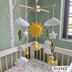 Sunny Duck Pond Felt Baby Mobile, Handmade Nursery Crib Hanging with Ducklings, Cattails, Clouds and Sun