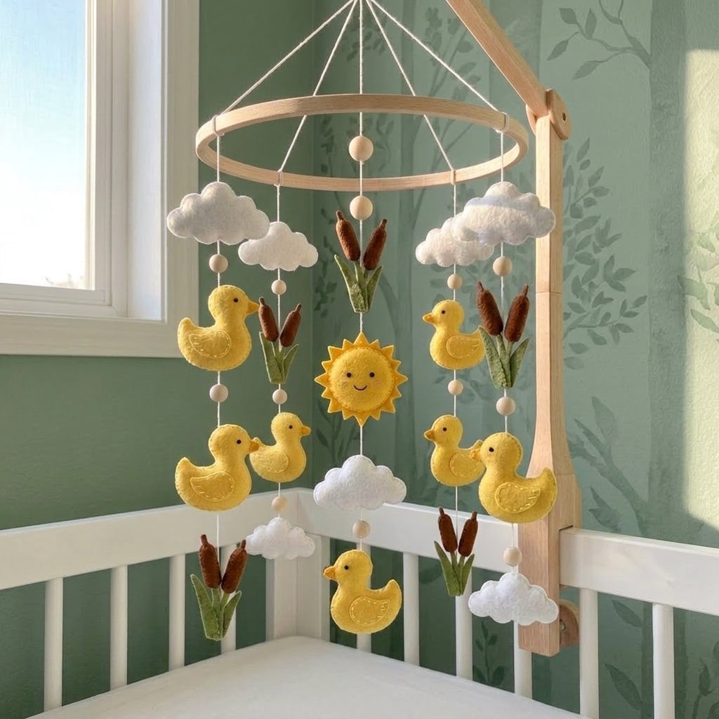 Sunny Duck Pond Felt Baby Mobile, Handmade Nursery Crib Hanging with Ducklings, Cattails, Clouds and Sun