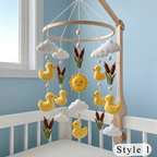 Sunny Duck Pond Felt Baby Mobile, Handmade Nursery Crib Hanging with Ducklings, Cattails, Clouds and Sun