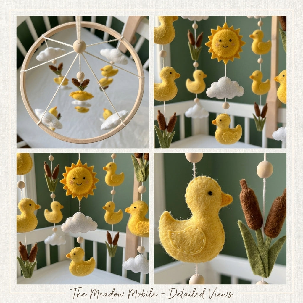 Sunny Duck Pond Felt Baby Mobile, Handmade Nursery Crib Hanging with Ducklings, Cattails, Clouds and Sun
