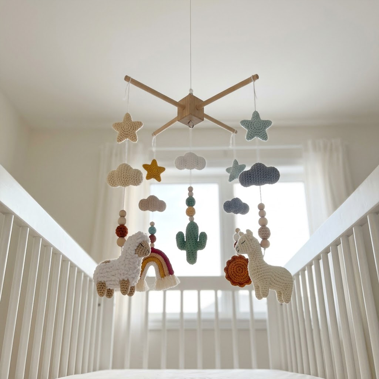 Boho Llama Crochet Baby Mobile, Handmade Desert Crib Hanging with Rainbow, Cactus, Stars and Clouds