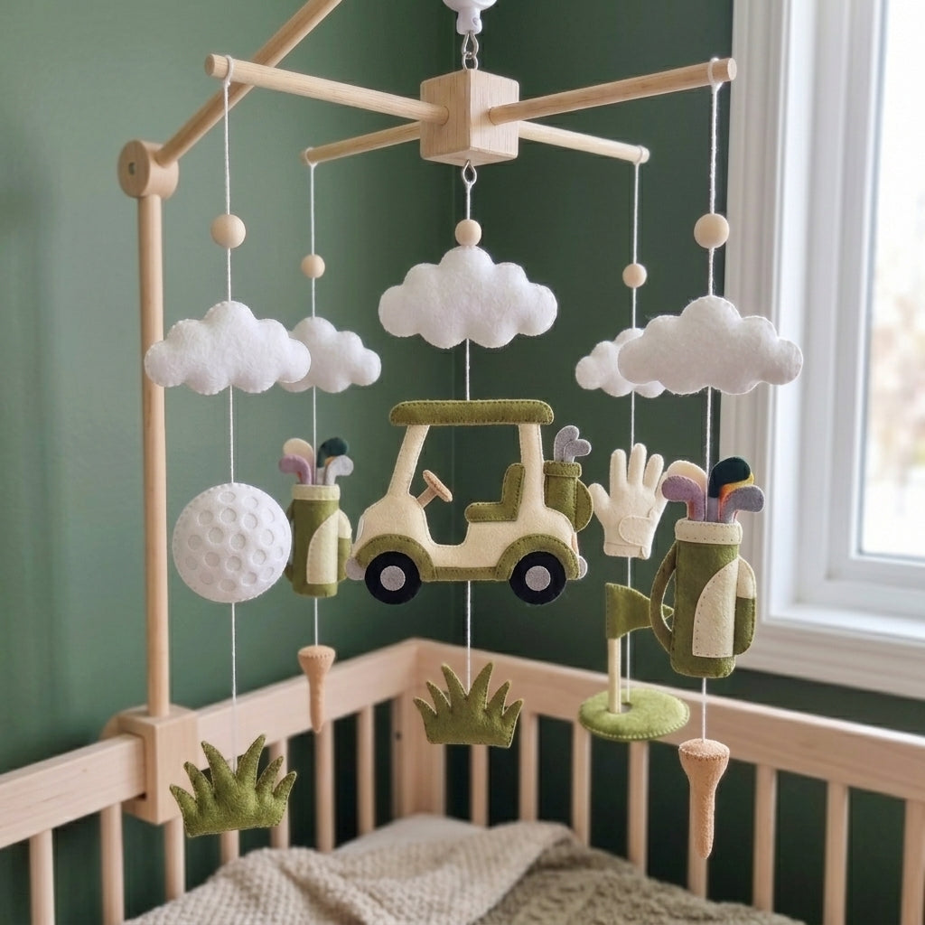 Felt Golf Baby Mobile, Golf Cart Clubs Ball Crib Decor, Golfer Sports Nursery Hanging, Baby Shower Gift for Boy or Girl Room Decor