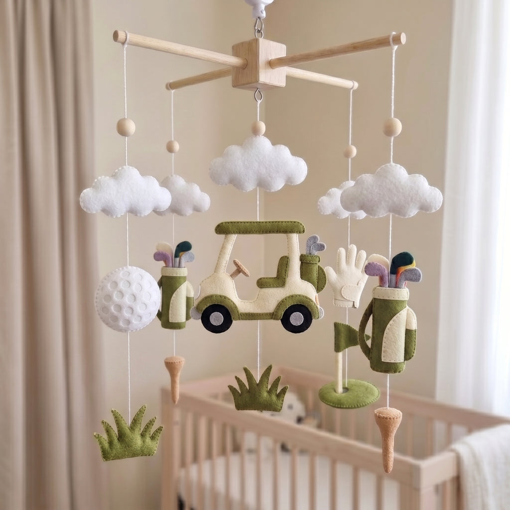 Felt Golf Baby Mobile, Golf Cart Clubs Ball Crib Decor, Golfer Sports Nursery Hanging, Baby Shower Gift for Boy or Girl Room Decor