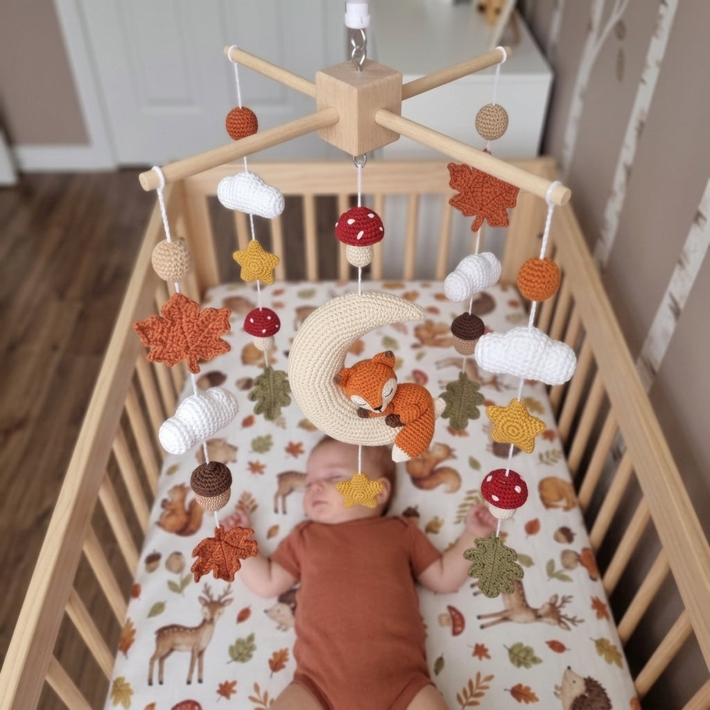A baby lying on their back in a wooden crib, wearing a rust-colored bodysuit and looking at a hanging autumn-themed mobile. The mobile features a wooden star frame with crocheted elements including a crescent moon, fox, clouds, stars, leaves, and mushrooms in orange, brown, white, and red.
