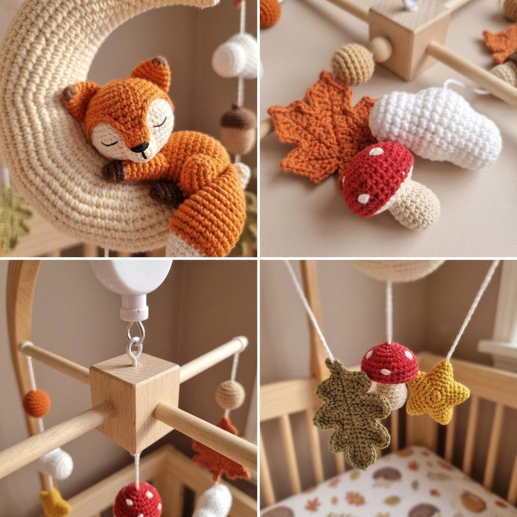 A four-panel collage showing a crocheted baby mobile and matching nursery accessories: a sleeping fox on a crescent moon, autumn leaves and a red-and-white mushroom, close-up of the wooden hanging frame, and the mobile hanging in a crib with a fall-themed pillow.
