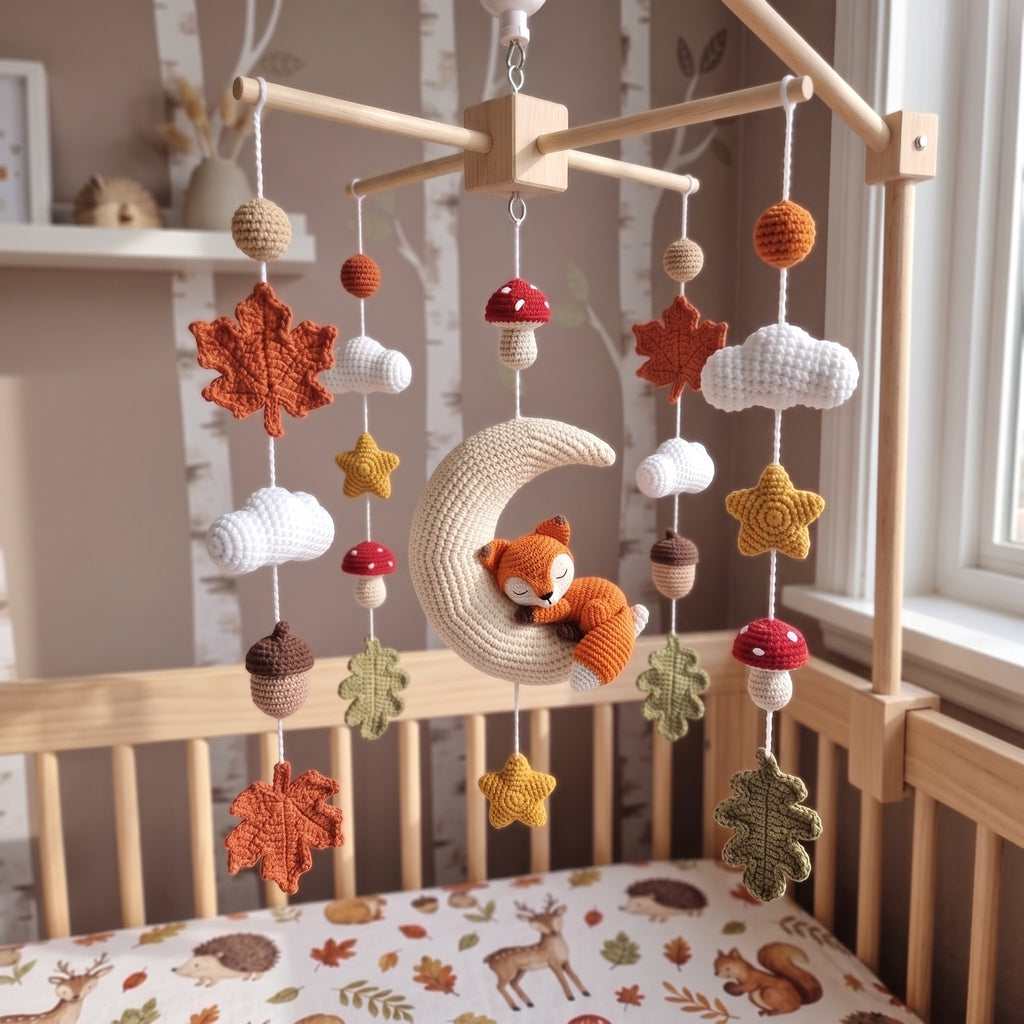 A baby mobile hanging in a crib, featuring crocheted autumn-themed elements including a crescent moon with a sleeping fox, clouds, acorns, stars, leaves, and mushrooms in warm earthy colors.