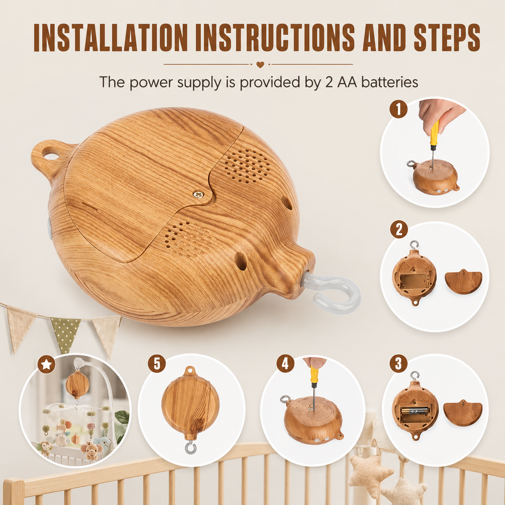Instructional graphic showing a wooden baby crib alarm clock with a clear hanging loop, alongside step-by-step installation diagrams and text stating it uses 2 AA batteries.